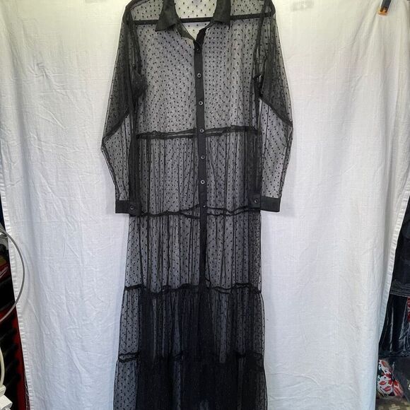 Spoon Jeans Black Polka Dot Mesh Sheer Long Sleeve Button Up Maxi Dress Size 1X - Picture 1 of 8